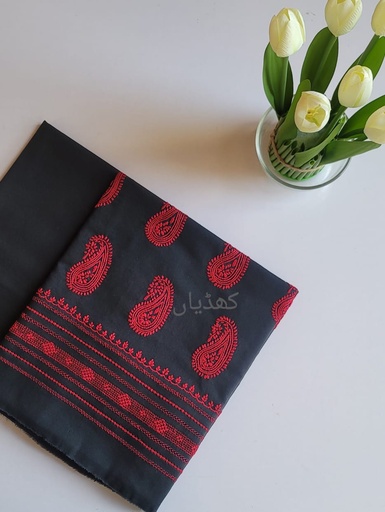 [VC-RK00041] Midnight Black Lawn 2-Piece Unstitched Suit – Hand Embroidered with Scarlet Motifs & Tarkashi Detailing | Pure Lawn Fabric