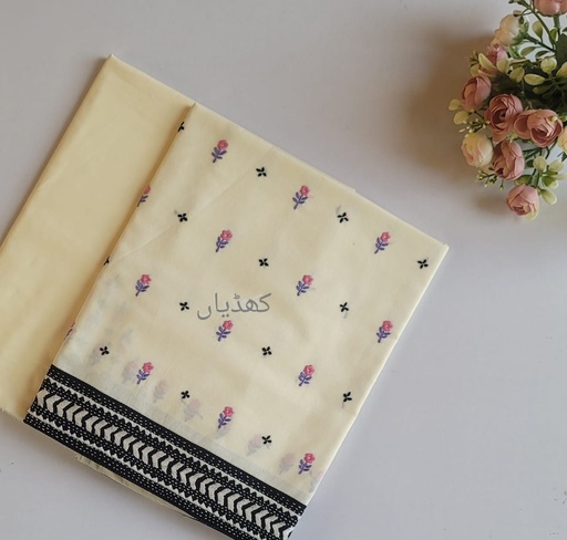 [VC-RK00050] Creamy Ivory Hand Embroidered 2-Piece Lawn Suit – Pink & Violet Floral Motifs | Unstitched Summer Wear