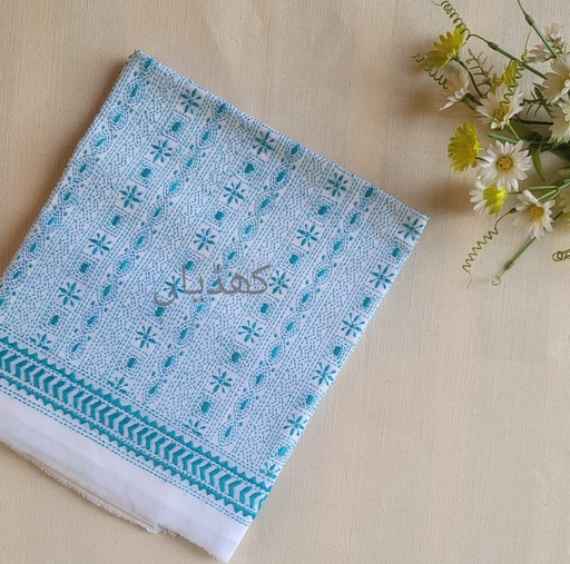 [VC-RK00063] Ivory White Hand Embroidered Lawn Shirt – Unstitched | Deep Sea Turquoise Detailing