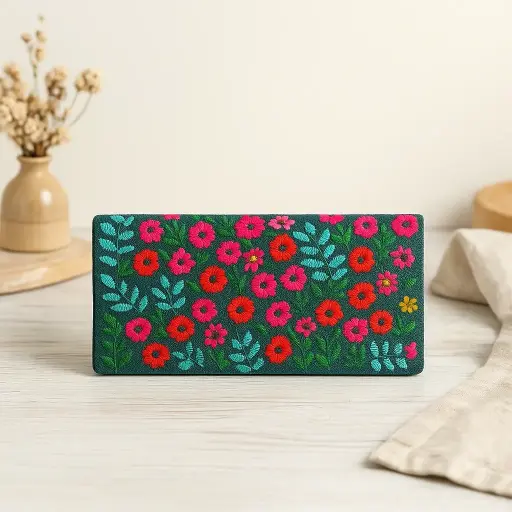 [VC-RK00047] Vivid Viridian Wallet with Hand Embroidery – Limited Edition Compact Wallet for Cash, Cards & Phone
