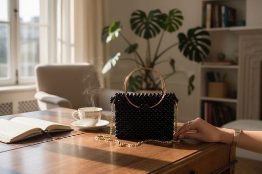 Noir Elegance Circle-Handle Bag
