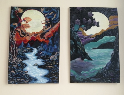 Moonlit Fantasy landscape set of original hand painted acrylic canvas(set of 2)