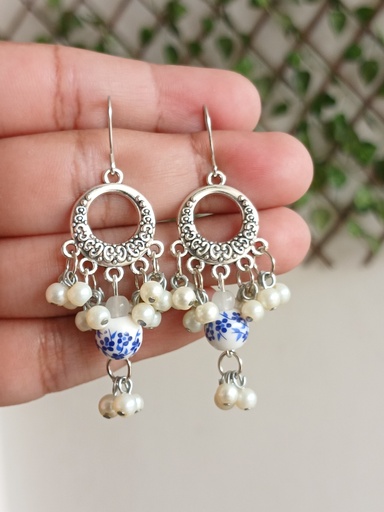 Blue poultry style ceramic beads earrings