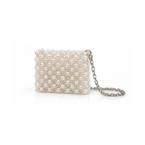 Silver Pearl Beaded Clutch Bag with Chain Strap
