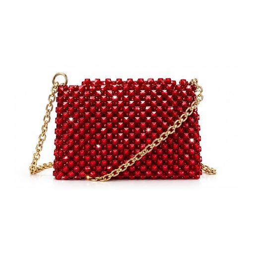 Red Crystal Beaded Clutch Bag with Gold Chain Strap