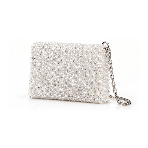 White Crystal Beaded Shoulder Bag with Silver Chain Strap