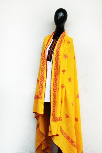 [PK0029-CW-SCF-000485] Yellow shawl with phulkari hand embroidery